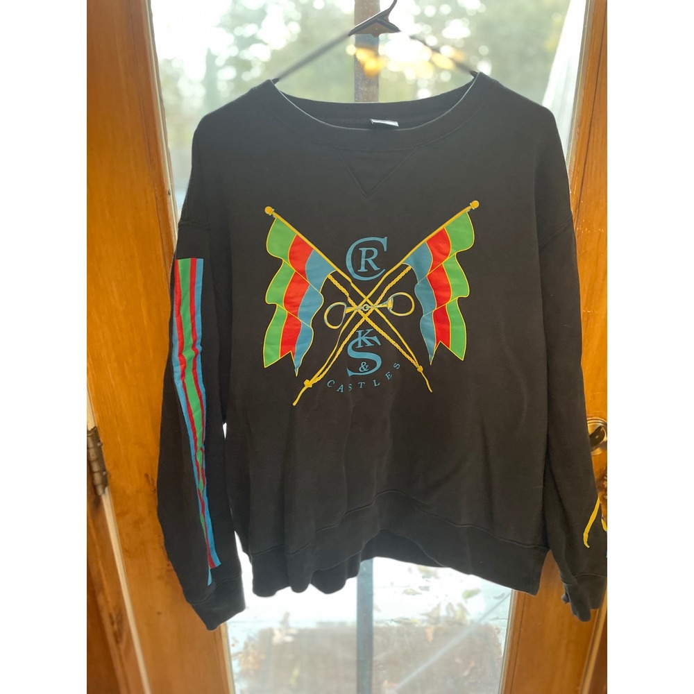 Crooks & Castles Sweatshirt XL‎ Black Pullover Flags Striped Sleeve